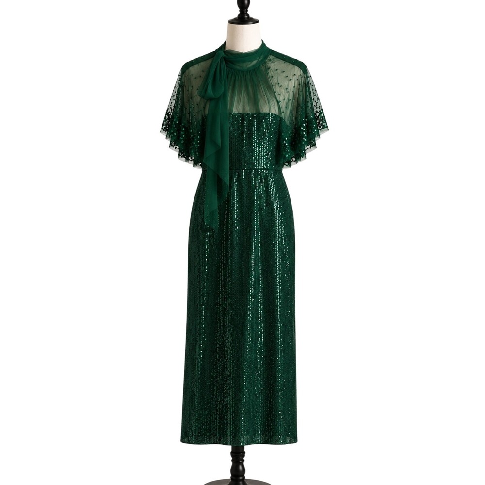 Theia Emerald Green Sequin Capelet Midi Dress Tie Neck Size 4 NWOT